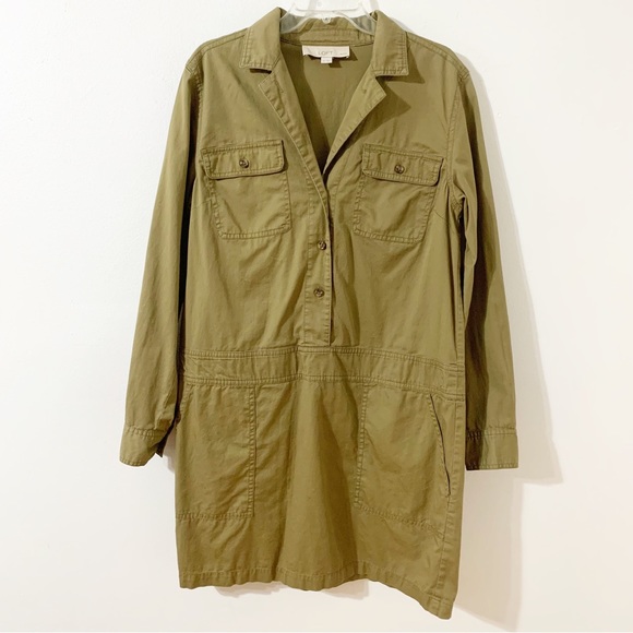 Ann Taylor LOFT Petite 100% Cotton Utility Cargo Shirt Dress Olive Green Pockets - Picture 1 of 8